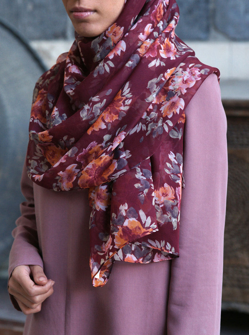 Maroon Flowers Soft Chiffon Hijab