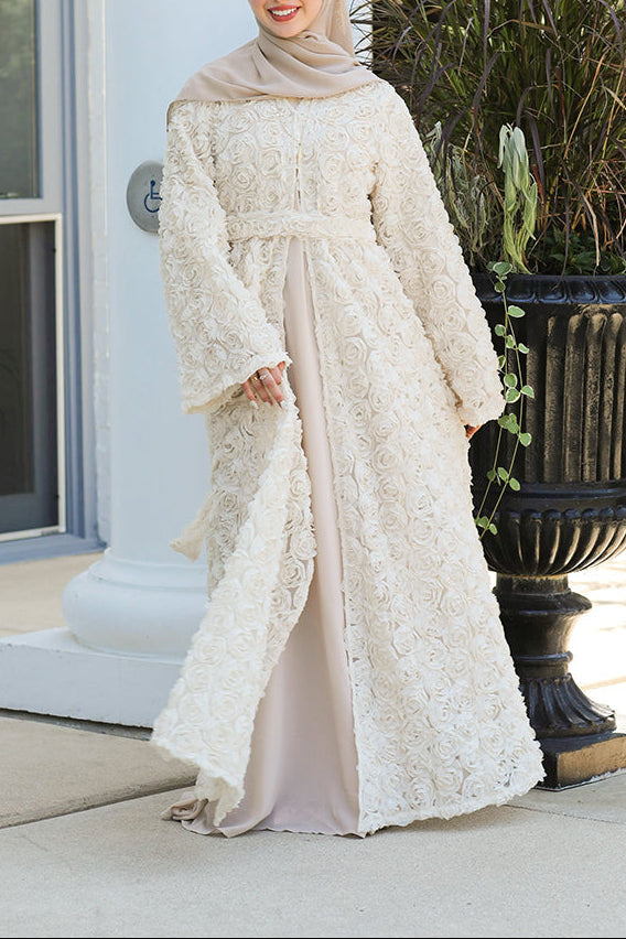 Warda Motif Open Abaya - Vintage Cream