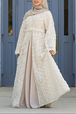 Warda Motif Open Abaya - Vintage Cream