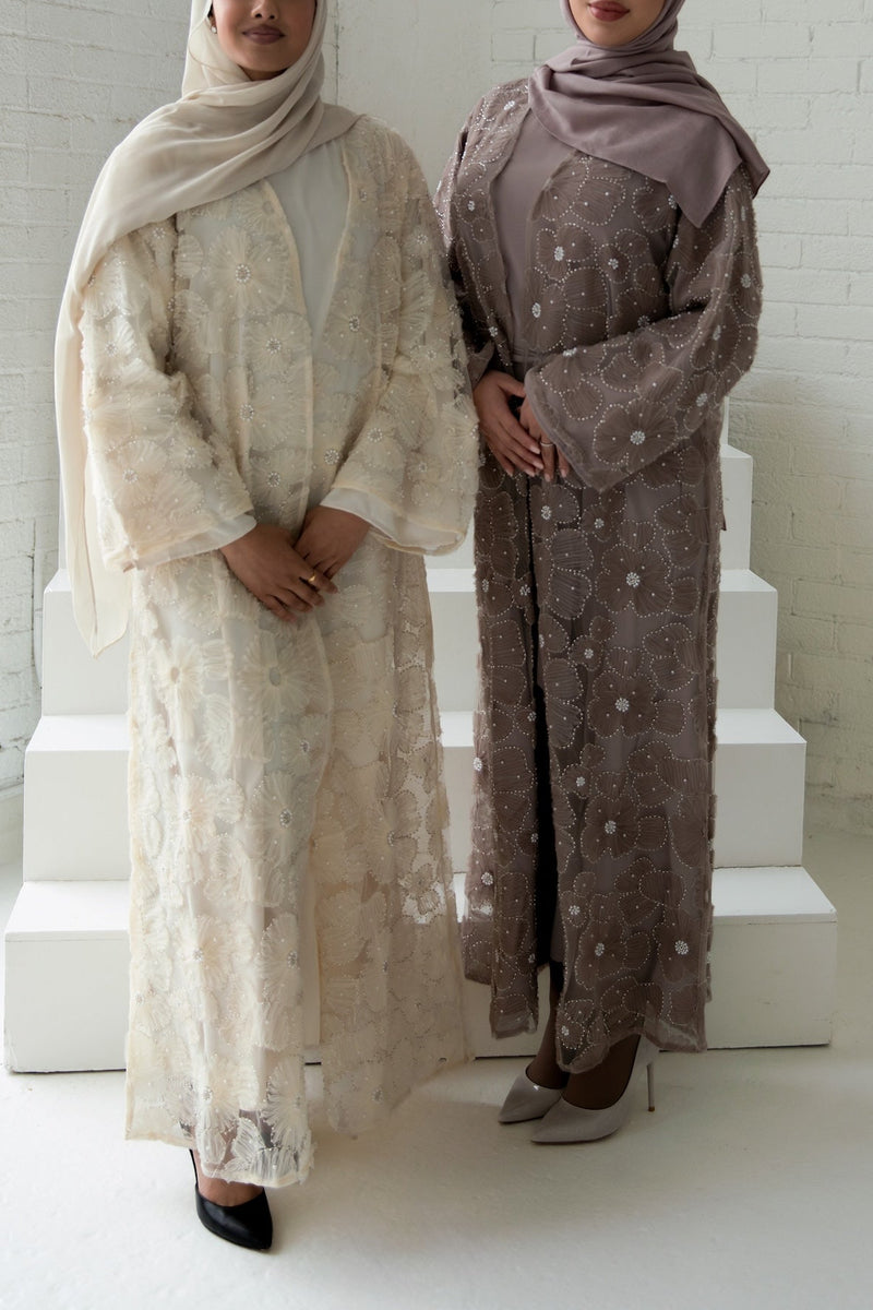 Azra Embroidered Abaya Set - Ivory Creme