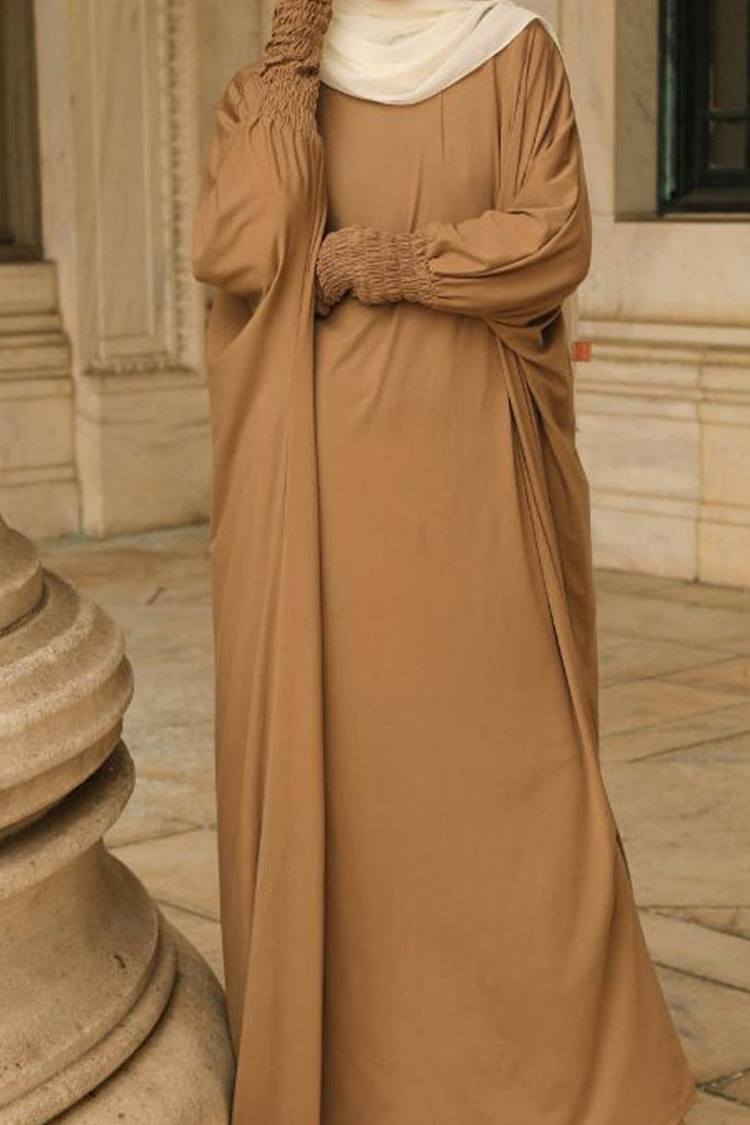 Madinah Smocked Sleeve Batwing Abaya - Biscotti