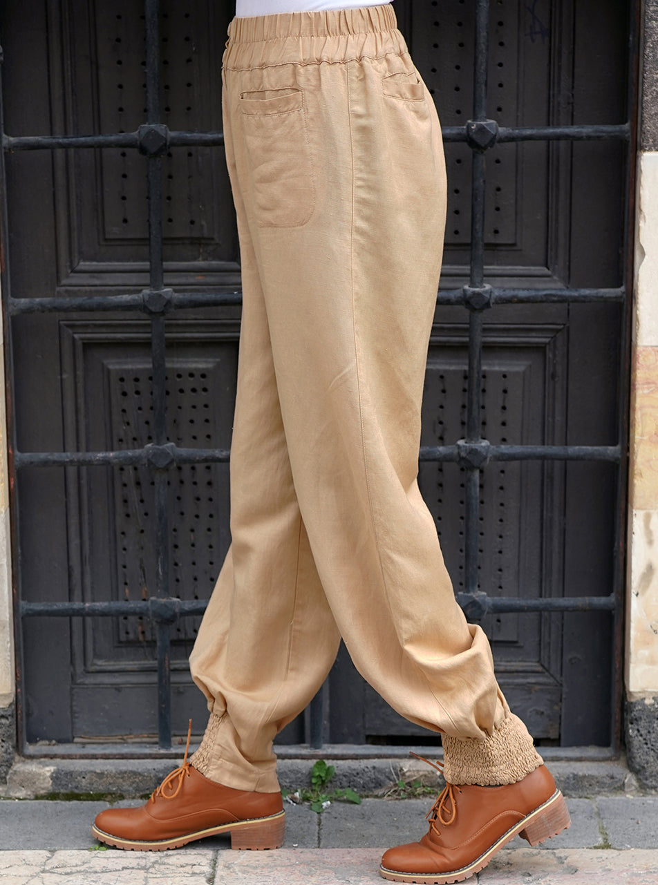 Linen Elasticized Cuff Trousers - Wide Leg Trousers - Women