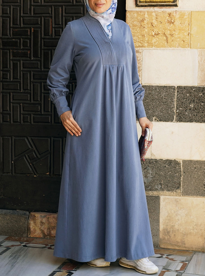 Cotton Jersey Maxi Dress with Pleats and Gathering