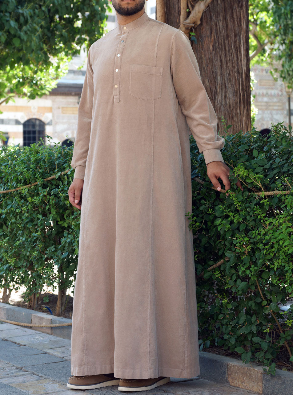 Metallic Buttons Corduroy Thobe | Shukr Clothing