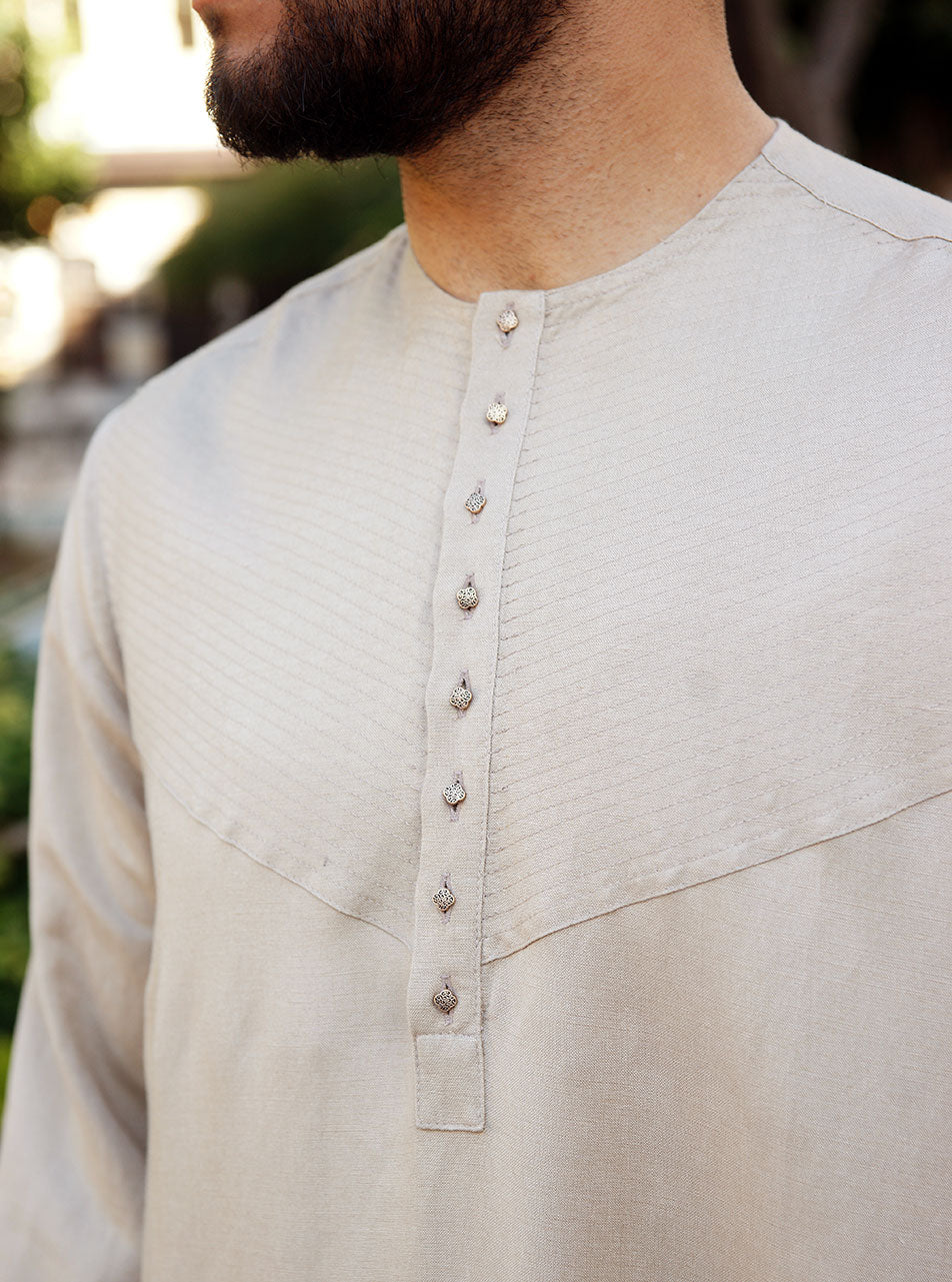 Toptstitched Linen Thobe - Thobes - Men