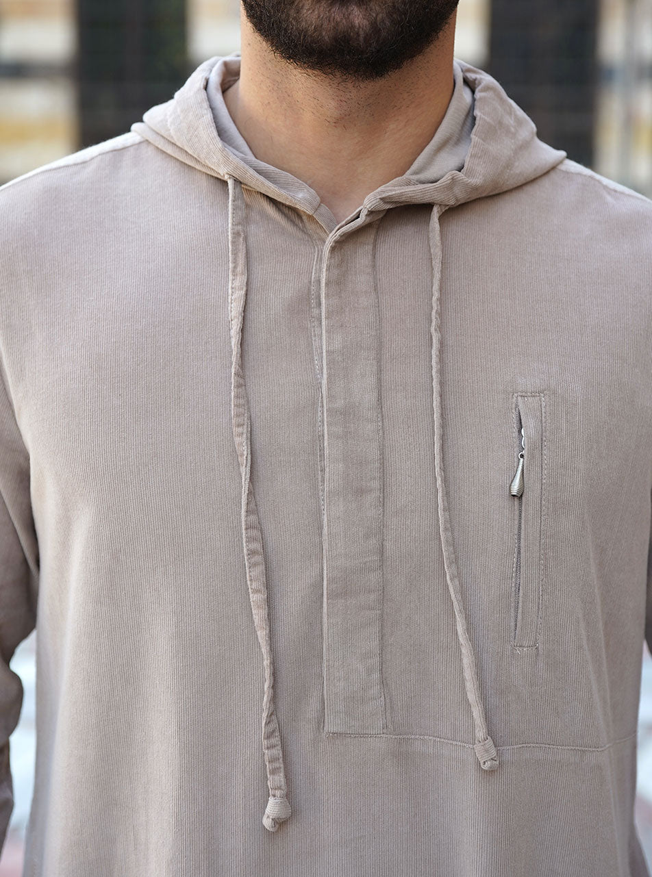 Hooded Corduroy Thobe with Zipper Pocket | Shukr Clothing