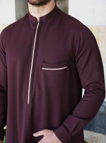 mens islamic thobe with open collar and contrast detailing