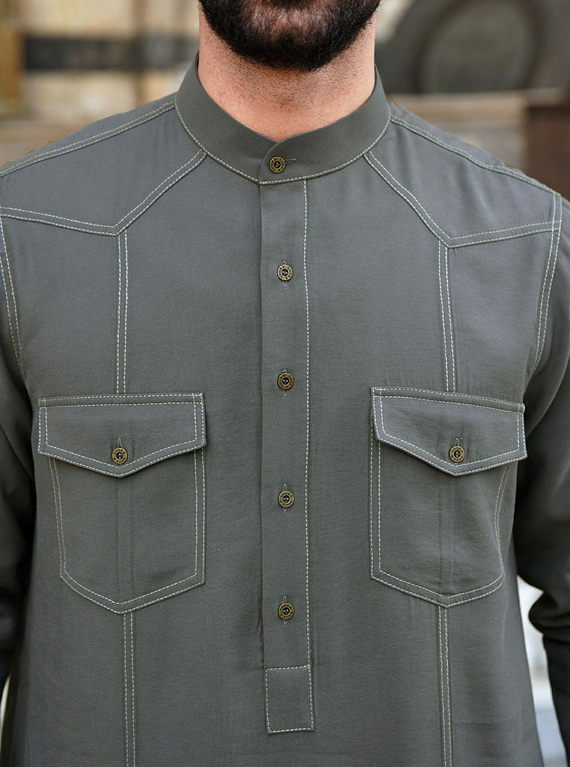 Contrast Stitched Shirt Thobe