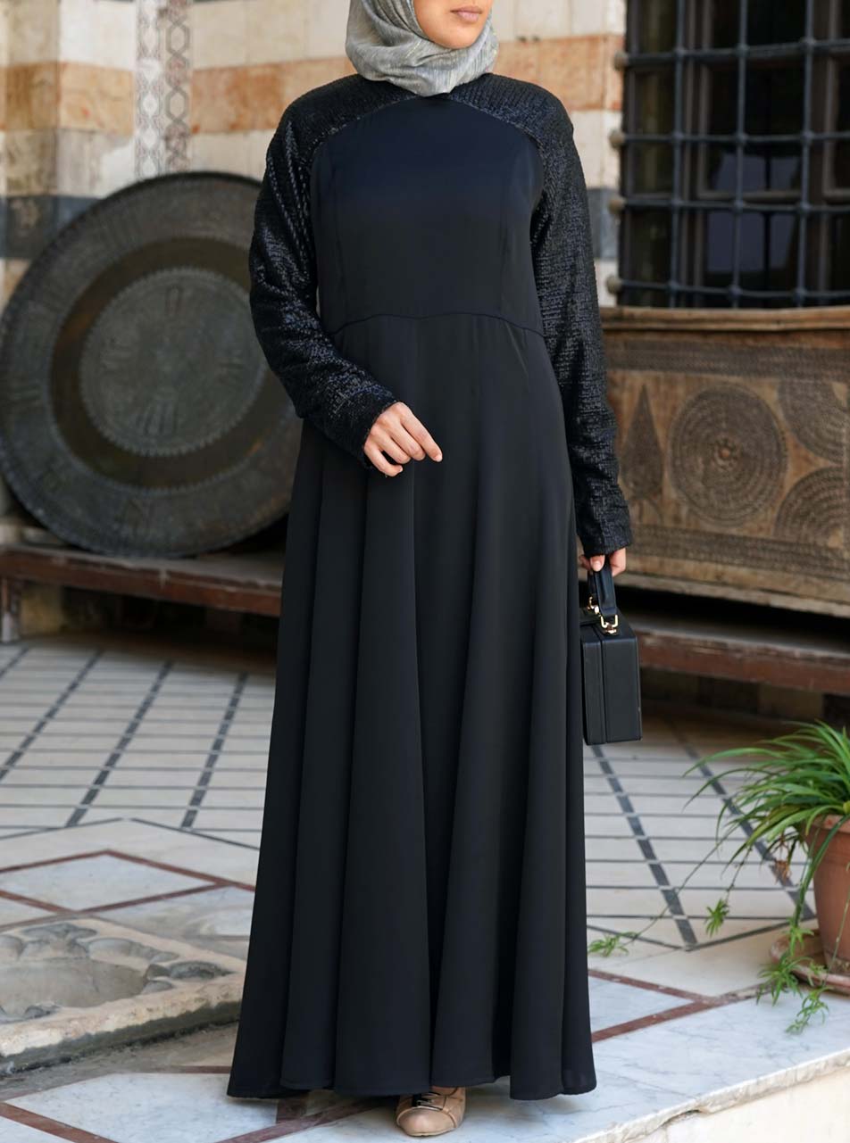 Black Sequin Abaya Gown - Abaya Gowns - Women | Shukr Clothing