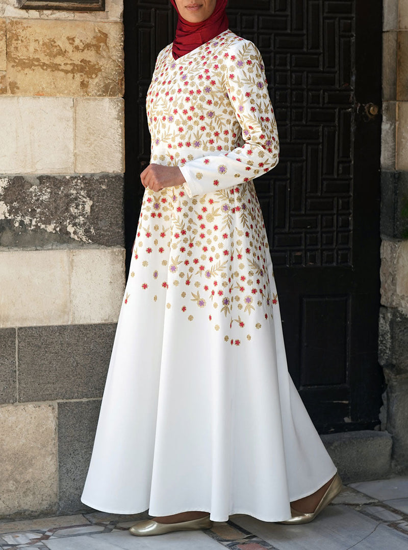 embroidered abaya dress Elegant Floral Embroidered Wide Sleeve Linen Abaya