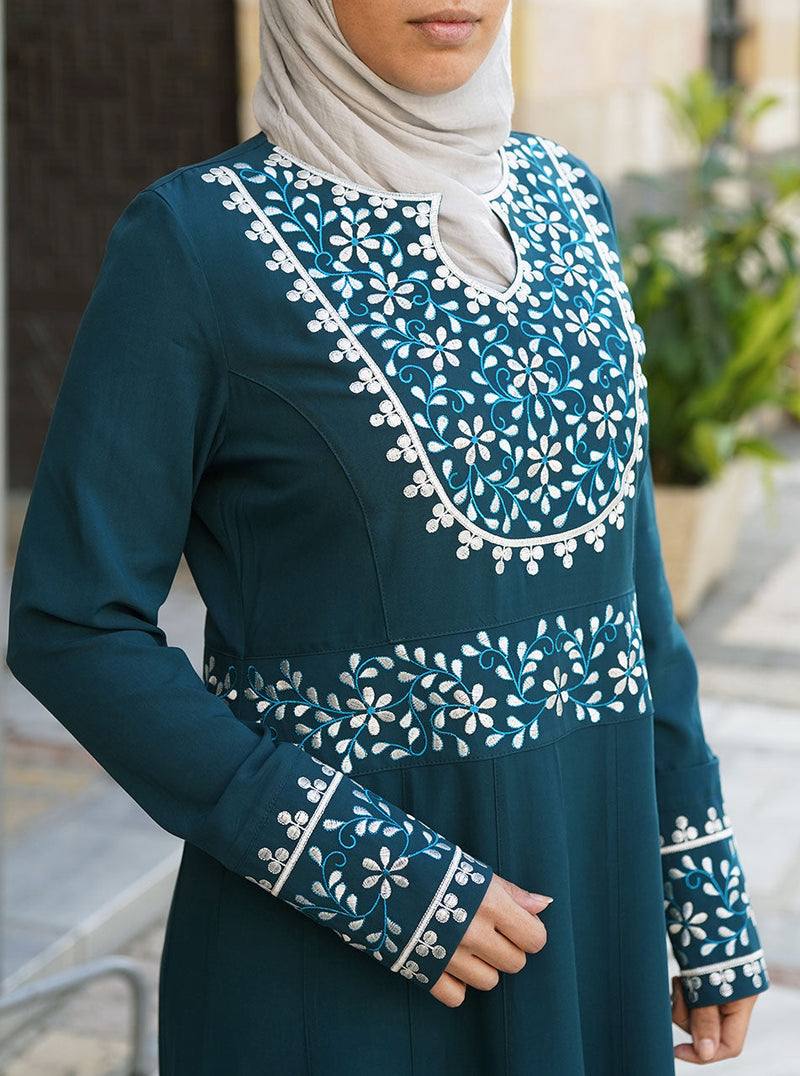 sachin and babi light blue dress Abaya Kaftan Fancy 3 Pcs. Embroidery Designs & Golden Beads – Bannout Design main image 0