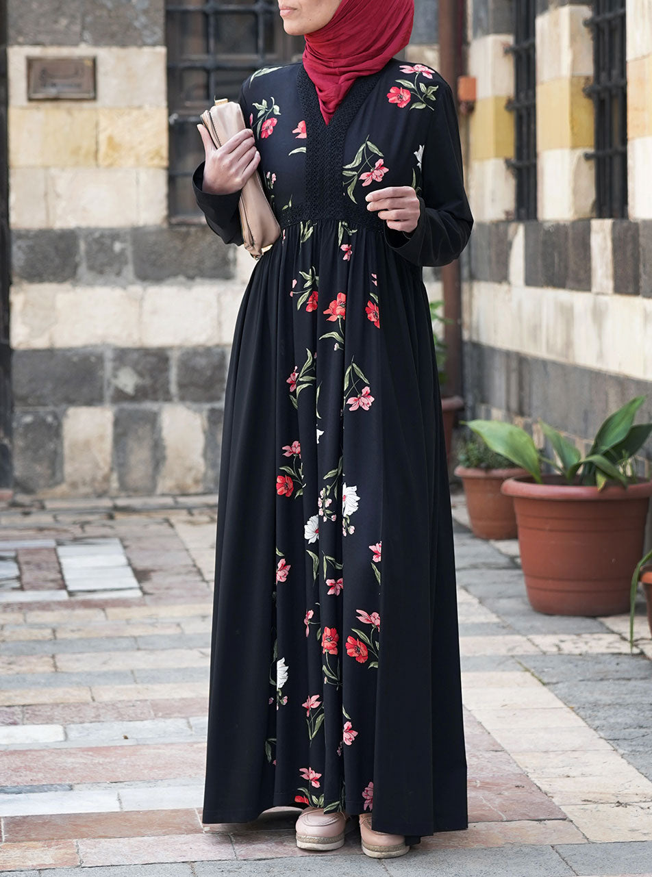 Jamilah Print and Lace Abaya | Shukr Clothing