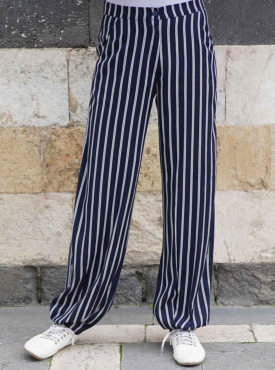 Striped Wide Leg Trousers 4056-01 Navy Blue 4056-01 | Sefamerve