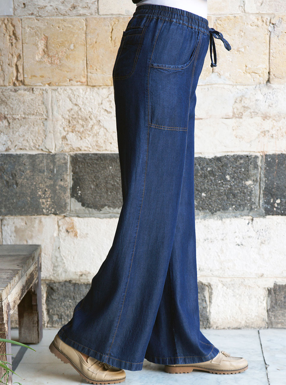 Denim Palazzo Pants with Rose Pattern and Hair Clip Accessory Detail - Gizia